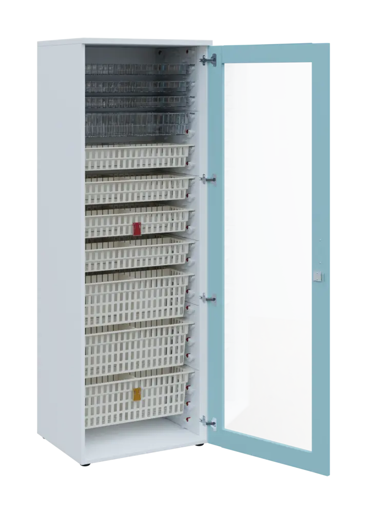 EUROMEDICA S - 66 skříň léková boxová, 1-dveřová/prosklená, pravá, 1950x660x535, korpus bílý, dvířka obloha